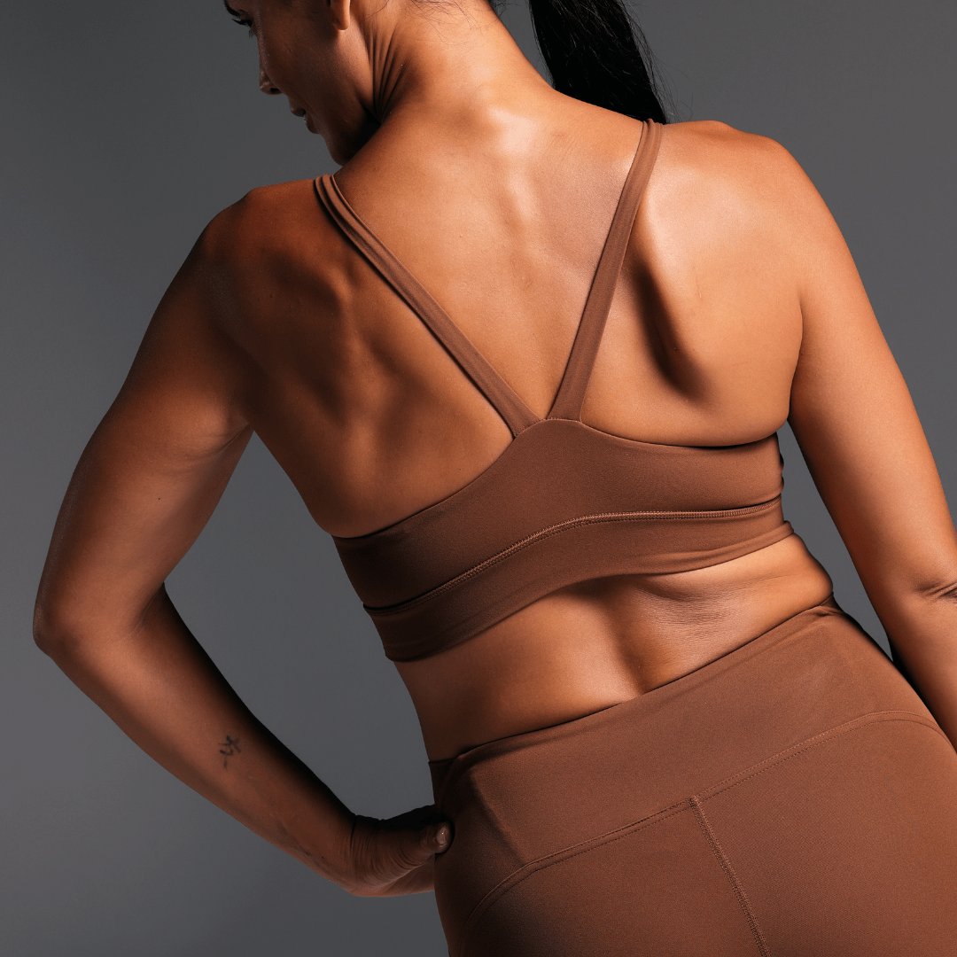 Flow Sculpted Crop Cinnamon front view - thick straps and Sculpt fabric crop - Transform by FitazFK