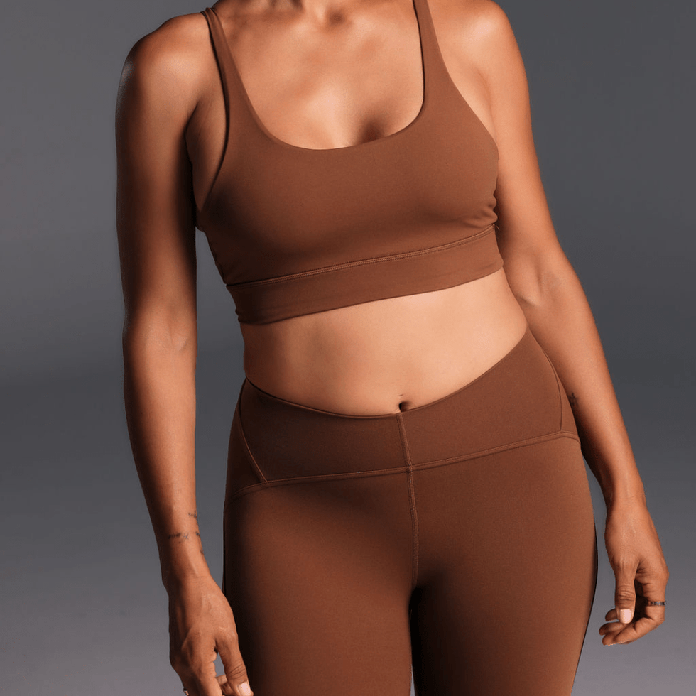 Flow Sculpted Tights Cinnamon front view - seam-detailed full-length tights - Transform by FitazFK