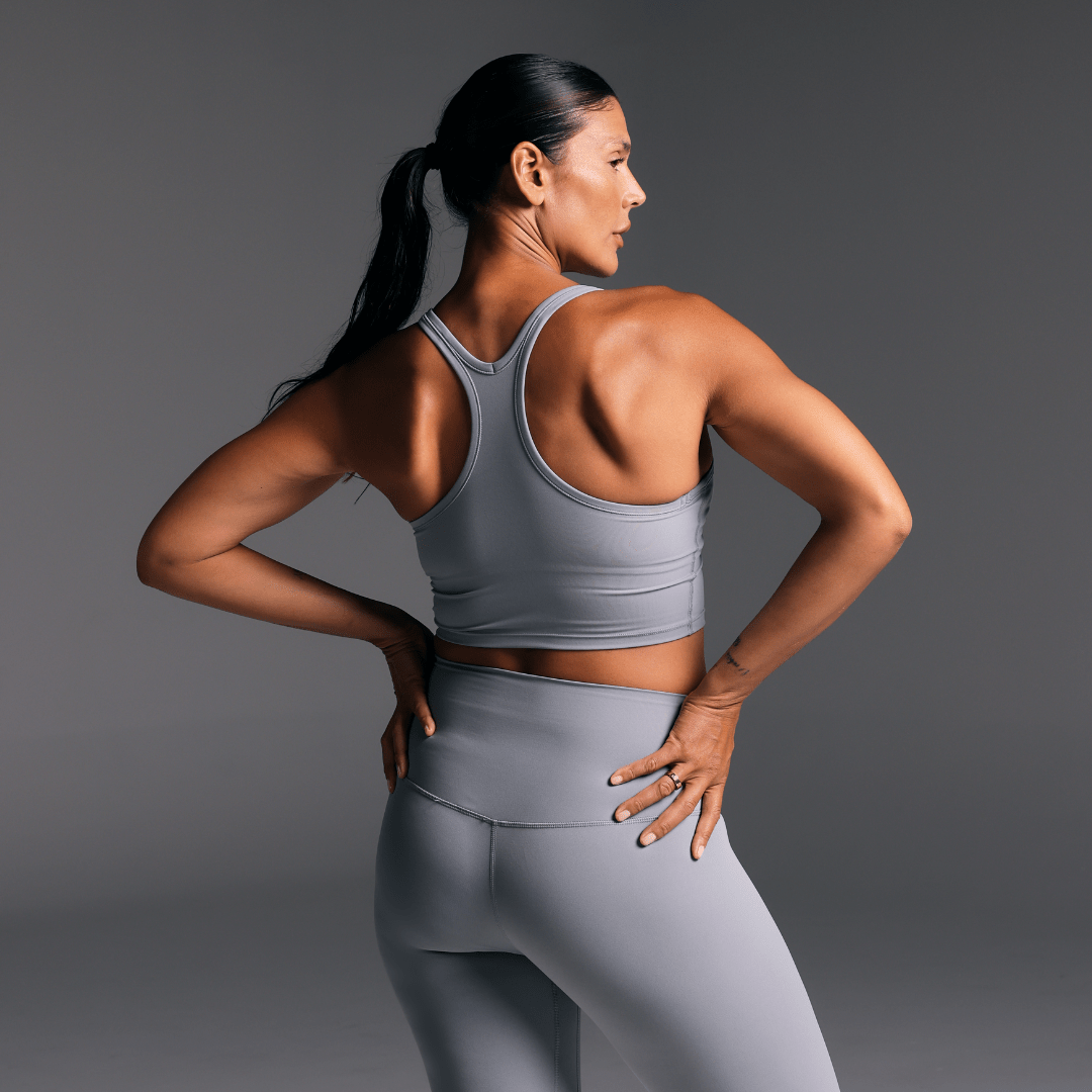 Elevate Racer Back Crop Sky Gray front view - minimalist silhouette sports bra - Transform by FitazFK