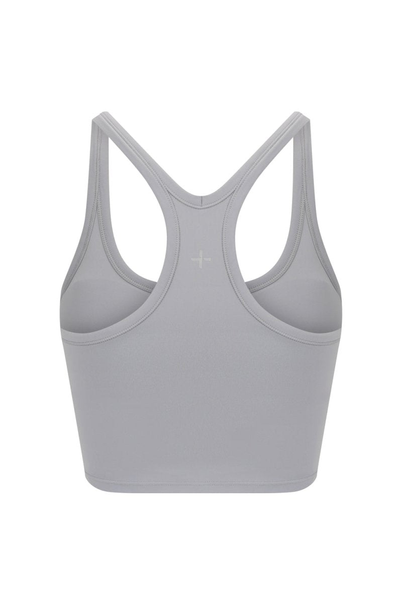 Elevate Racer Back Crop Sky Gray detail - removable cups and shelf bra - Transform by FitazFK