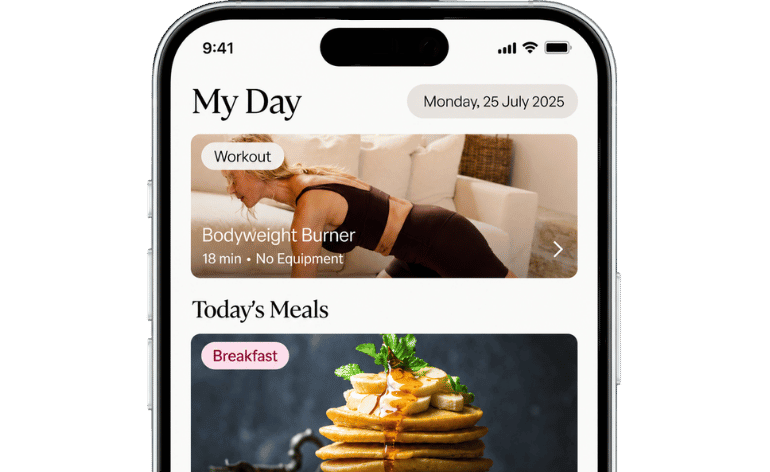 Phone screen displaying a fitness and meal planning app with workout and meal options.