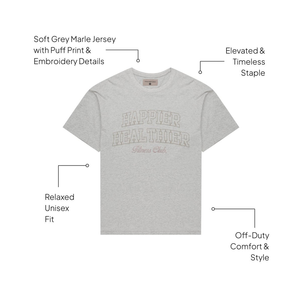 Collegiate Tee Grey Marle side view - collegiate-inspired relaxed fit top - Transform by FitazFK