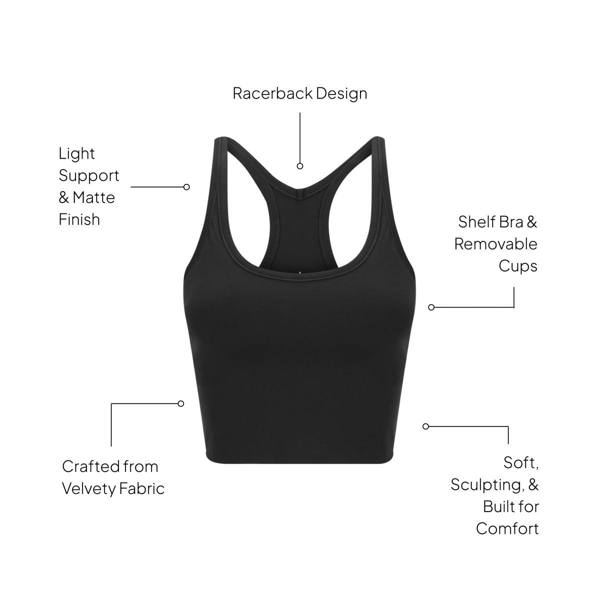 Elevate Racer Back Crop Black front view - inbuilt shelf bra and removable cups - Transform by FitazFK