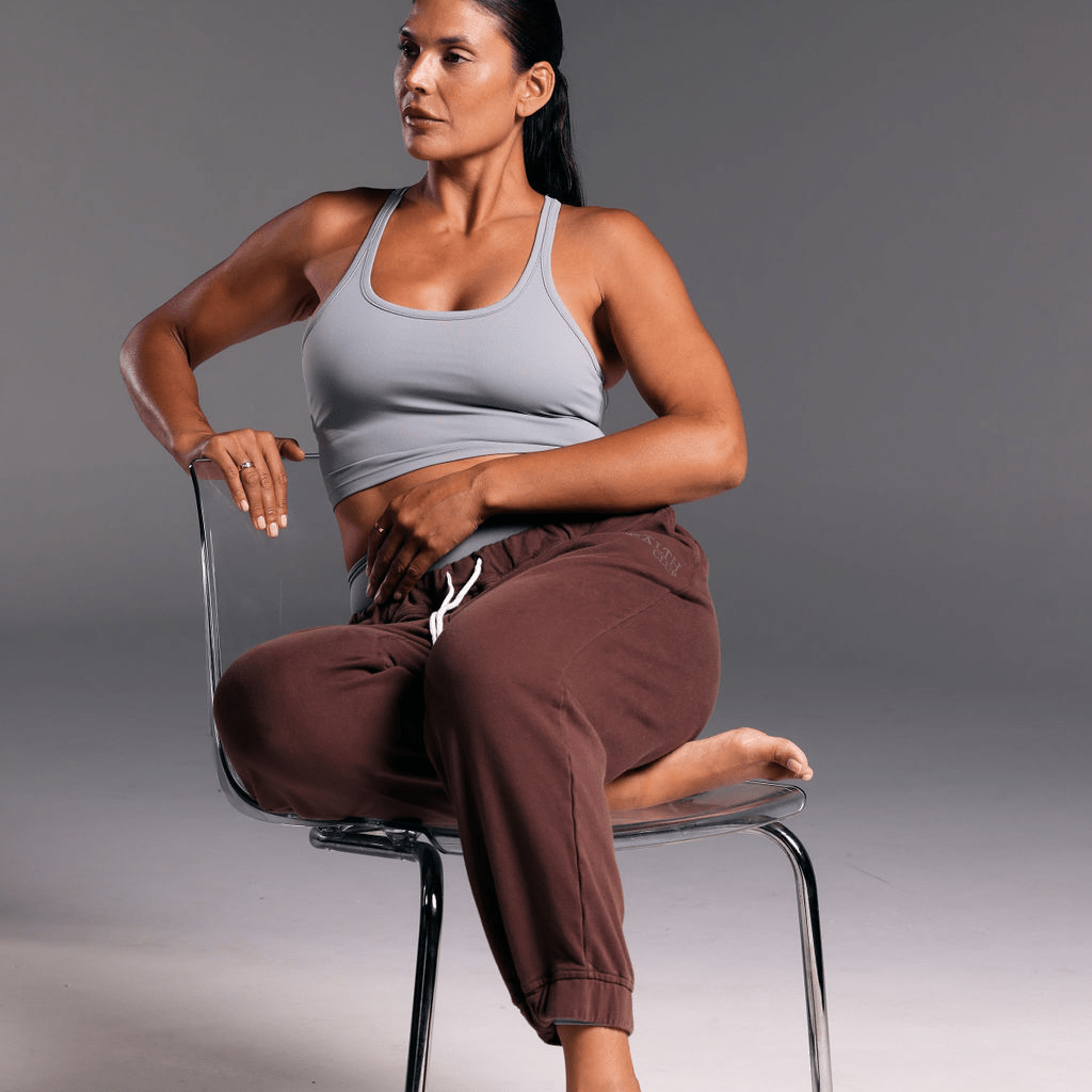 Health Club Pant Cacao front view - tapered ankle and elastic waistband - Transform by FitazFK