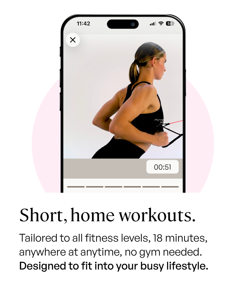 Phone screen displaying a fitness app with a woman exercising, text about short home workouts.