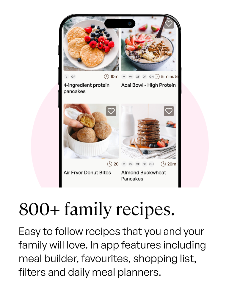 Phone screen displaying a food app with recipe images and text about 800+ family recipes.